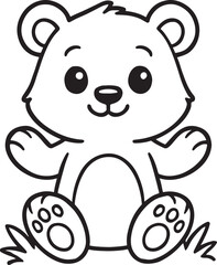 Fototapeta premium Adorable cartoon bear cub sitting cheerfully on grass, ready for coloring fun