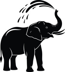 Black Elephant Spraying Water from Trunk Silhouette Vector Graphic Illustration