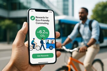 Eco-friendly commuting app promoting carbon reduction rewards shown on smartphone, cyclist and public bus in city background bright daylight. Ai generative