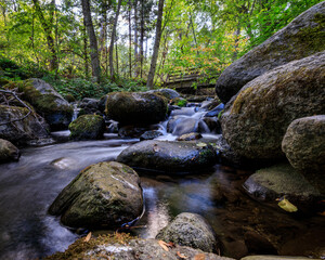 Peaceful Stream in a Rocky Forest, A Tranquil Scene for Mindfulness and Nature-Inspired Content