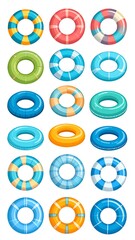 A variety of buoyant, colorful rings arranged in a grid, suitable for summer recreation