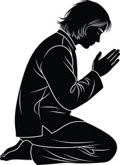 Black and White Silhouette of a Person Kneeling in Prayer Vector Art