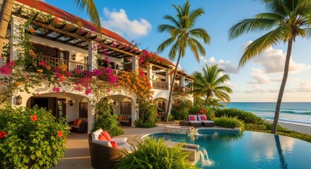 Fototapeta premium Luxurious beachfront villa with infinity pool and tropical garden view