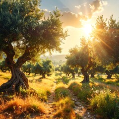 Sunlit grove path through olive trees, leading to distant rolling hills