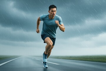 Fototapeta premium Determined athlete sprinting on wet road in heavy rain with dark cloudy background, symbolizing strength, challenge, and perseverance outdoors. Ai generative