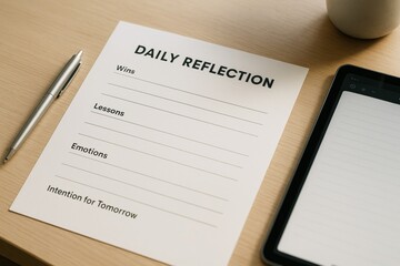 Daily reflection journal page with pen and tablet on wooden desk background for mindfulness and self-awareness routine concept. Ai generative. Ai generative