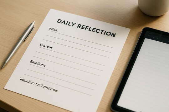 Daily reflection journal page with pen and tablet on wooden desk background for mindfulness and self-awareness routine concept. Ai generative. Ai generative - Powered by Adobe