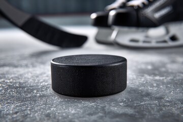 Close-up of a hockey puck on ice with skate and stick in the blurred background
