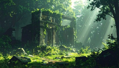 Sunlit scene of an overgrown, ruined stone structure within a lush green forest