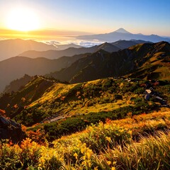 Sunrise over Mountain Range with Mount Fuji Visible
