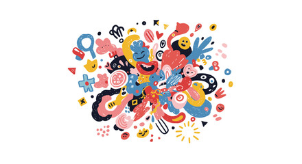 A vibrant abstract illustration bursts with a joyful medley of colorful doodles, playful characters, and whimsical shapes, symbolizing creative energy and fun.