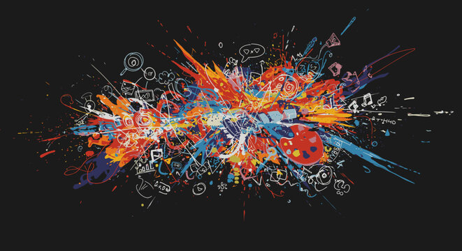 A vibrant abstract explosion of colorful paint splashes and intricate digital doodles creates a dynamic visual representation of modern creativity and information.