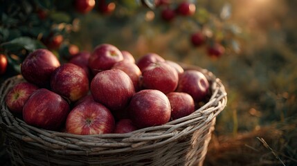 Basket overflowing with ripe red s in a sunlit orchard during the autumn harvest