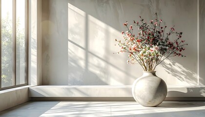 A vase with flowering branches sits near a window, bathed in sunlight against a neutral wall