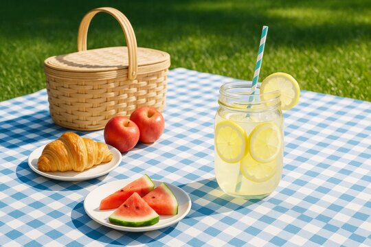 Summer picnic setup with lemonade, watermelon, croissant, apples and basket on blue checkered cloth in sunny outdoor garden background. Ai generative