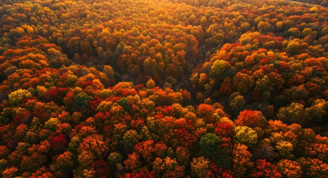 Aerial view of a vibrant autumn forest canopy with warm golden sunlight