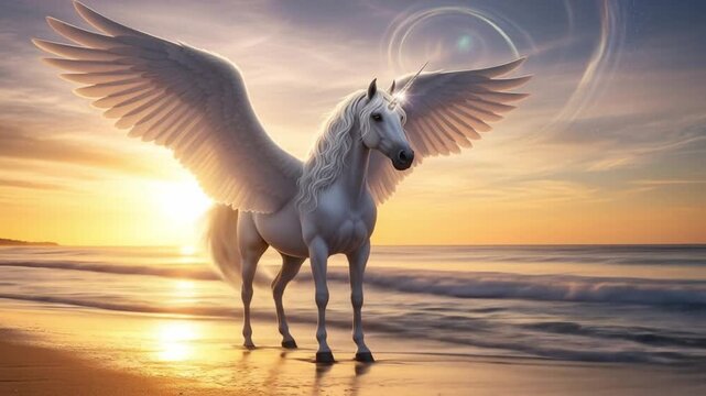 A winged unicorn stands on a beach during sunset A bright light emanates from its head