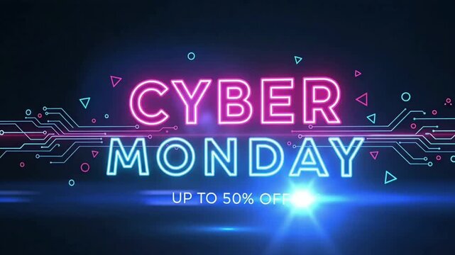 Vibrant Cyber Monday Neon Text Glowing On Digital Circuit Board Background Displaying Electronic Data Lines For Massive Online Shopping Discount Event Banner Marketing Technology Advertisement Design  - Powered by Adobe
