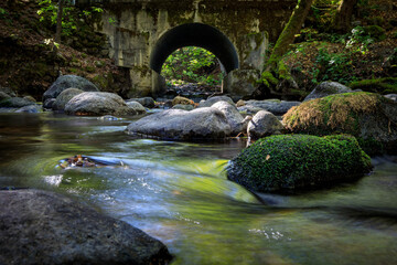 Peaceful River Scene with Stone Bridge and Stream