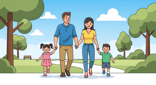 A happy family of four is walking in the park on a sunny day, holding hands and smiling, with trees and clouds in the background