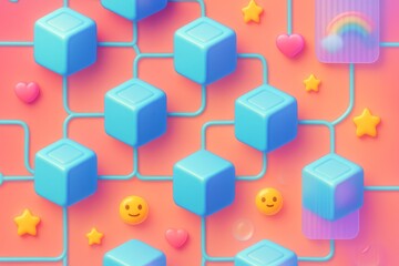 Obraz premium Colorful blockchain concept with blue cubes and emoji symbols on a light orange background, showing creative business network connections. Ai generative