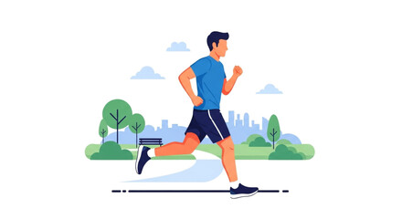 A man is running in a park with buildings in the background, wearing a blue shirt and black shorts