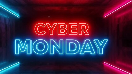 Vibrant Cyber Monday Neon Text Glowing Inside Futuristic Concrete Tunnel Rendered With Red And Blue Light Frames For Massive Online Shopping Discount Event Digital Marketing Advertisement Background  - Powered by Adobe