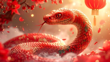Red serpent with ornate scales, surrounded by flowers, light, and a lantern