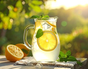 Refreshing beverage pitcher with lemon slices and mint in a garden setting