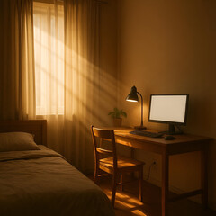 A bedroom with a desk and a computer, with sunlight streaming through the curtains onto the desk in the bedroom.
