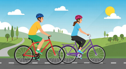 A man and a woman are riding bicycles on a road with trees and a blue sky with clouds and sun, enjoying a sunny day in the countryside