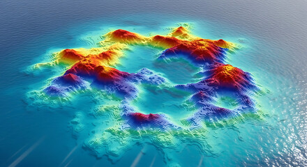Vibrant Elevation Map of a Circular Mountain Range Surrounded by Water