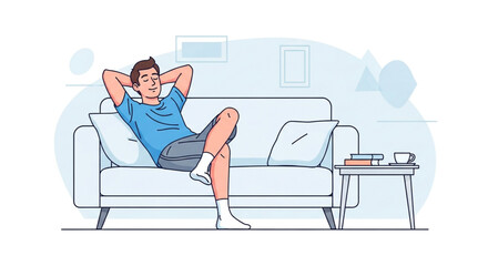 A man is relaxing on a couch with his hands behind his head, , enjoying a peaceful moment at home