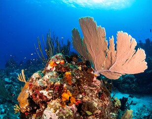 Underwater view of coral reef and fan-shaped coral