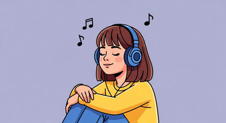 A young woman with brown hair and headphones is blissfully listening to music, eyes closed, surrounded by musical notes