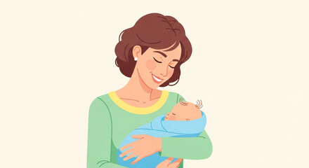 A happy mother is holding her newborn baby in her arms, looking at him with love and tenderness