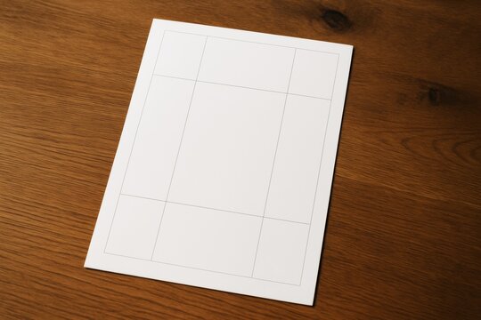 Blank comic strip layout paper mockup placed on wooden surface for design presentation and creative template display in clean workspace setup. Ai generative