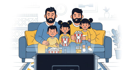 A happy family enjoys watching television together on the sofa, sharing popcorn and creating lasting memories