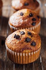 Freshly Baked Chocolate Chip Muffins on a Rustic Wooden Background