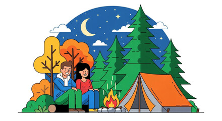 A couple enjoys camping under the moonlight, sitting by a campfire near their tent, surrounded by trees