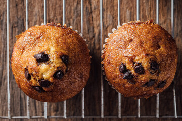 Freshly Baked Chocolate Chip Muffins on a Wooden Surface