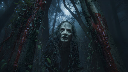 Eerie Forest Encounter Pale Figure Amidst Blood-Stained Trees Immersed in Mysterious Ambience An Enigmatic Portrait