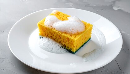 A yellow sponge with soap suds sits on a white plate, contrasting with a gray textured background