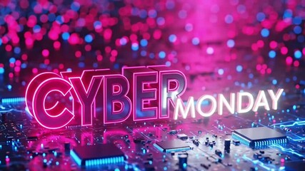 Ultimate Cyber Monday Sale Advertisement With Glowing Neon Text High Speed Light Trails Digital Polygonal Tag Gold Vortex Megaphone Announcement And Circuit Board Elements For Massive Online Discount  - Powered by Adobe