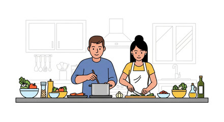 A couple is preparing food together in the kitchen, with various ingredients and utensils on the counter