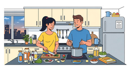 A couple is cooking together in a kitchen, with various ingredients and utensils on the counter, and a city view outside the window