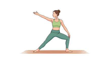 A woman in warrior ii pose, demonstrating strength and balance, , showcasing yoga and healthy lifestyle