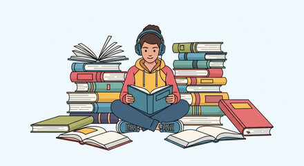 A student with headphones is sitting crosslegged reading a book with a stack of books behind them