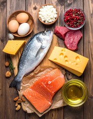 Various foods arranged on a wooden surface, representing nutrition