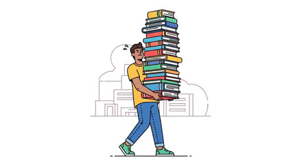 A man is carrying a stack of books in front of a building, symbolizing the burden of knowledge